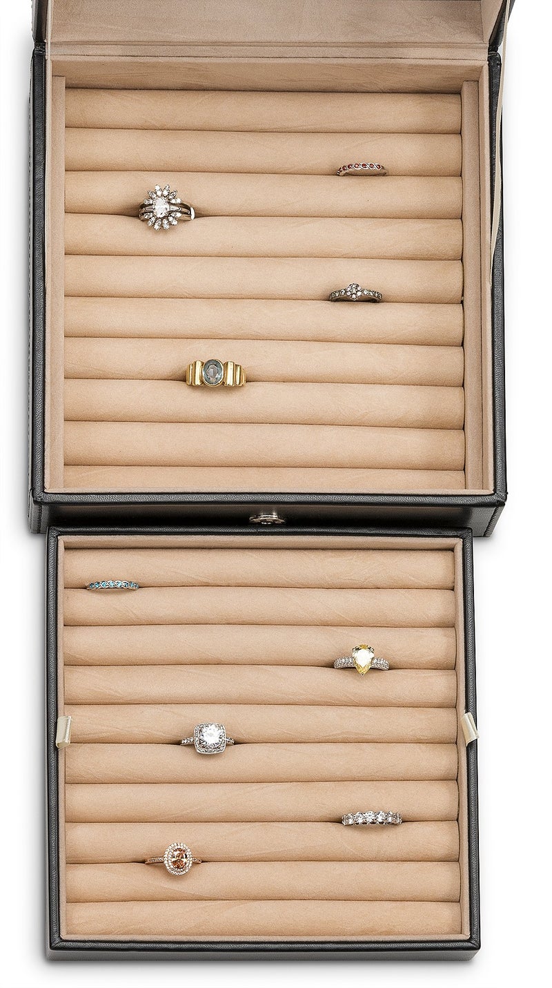 Glenor Co Ring Organizer Box - 108 Slot Classic Jewelry Display Holder - 2 Storage Trays with Modern Buckle Closure, Large Mirror - Holds Rings and Cufflinks - PU Leather Case - Black - Image 5